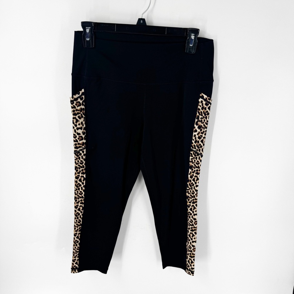 Zyia Active Black Leopard Print Side Pocket‎ Leggings Capri Womens Size 14-16